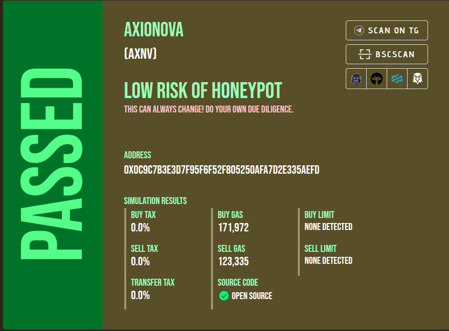 Axionova Honeypot Check Verification - Shows token is not a honeypot